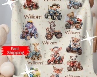 May include: A cream-colored baby blanket featuring watercolor illustrations of various animals driving tractors. Each animal is paired with the name "William". The blanket has a soft, inviting appearance, perfect for a nursery.