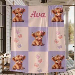 Highland Cow Personalized Baby Girl Blanket, Custom Butterfly Name Blanket, Name Baby Girl Blanket, Baby Gift Blanket, Highland Cow Blanket