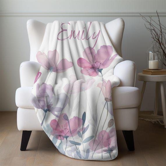 Floral Velveteen Blanket Personalized, Custom Flower Sherpa Gift, Floral Cozy Throw Blanket, Whimsical Watercolor Blanket, Nature Lover Gift