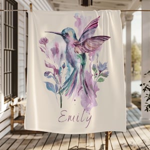 Hummingbird Blanket, Personalized Hummingbird Lover Gift, Mothers Day Gift For Mom, Floral Plush Blanket, Whimsical Bird Lover Gift Blanket