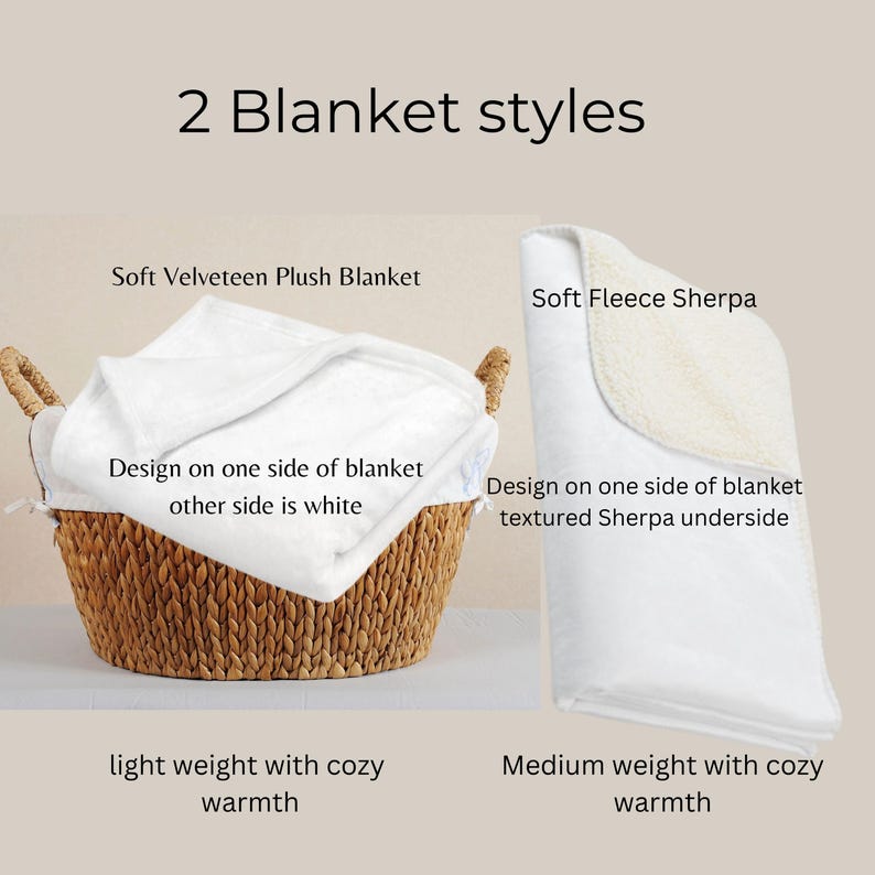 Puede incluir: Se muestran dos estilos de mantas. La primera es una manta de felpa suave y blanca en una cesta de mimbre. La segunda es una manta de sherpa de lana suave y blanca con un reverso texturizado. El texto "Design on one side of blanket, other side is white" est&aacute; debajo de la manta de felpa. El texto "Design on one side of blanket, textured Sherpa underside" est&aacute; debajo de la manta de sherpa. El texto "light weight with cozy warmth" est&aacute; debajo de la manta de felpa. El texto "Medium weight with cozy warmth" est&aacute; debajo de la manta de sherpa.