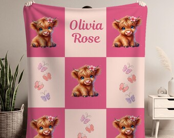 Personalized Baby Girl Blanket, Baby Girl Name Blanket, Custom Highland Cow Name Blanket, Newborn Baby Gift Blanket