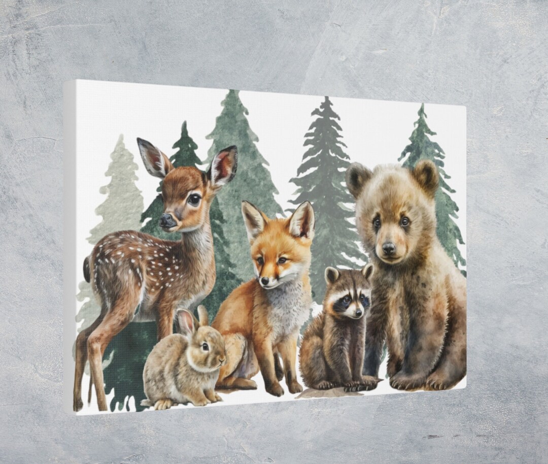Woodland Animal Panoramic Canvas Art, Bear Fox Deer Wall Decor, Forest ...