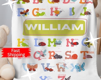 Alphabet Baby Blanket Personalized Name Gift,  Custom Bug Kids Birthday Gift Blanket