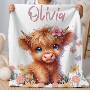 Floral Highland Cow Personalized Baby Girl Blanket, Flower Name Blanket, Name Baby Blanket, Baby Gift Blanket, Highland Cow Blanket