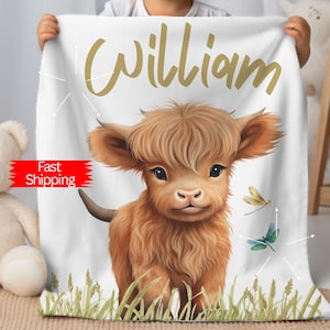 Personalized Highland Cow Blanket, Cow Name Baby Blanket, Baby Shower Gift Blanket, Highland Cow Nursery Blanket, Birthday Gift Blanket