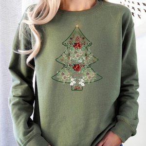 Christmas Sweatshirt, Christmas Tree Shirt, Floral Shirt, Cottagecore Fall Shirt, Christmas Party Sweatshirt, Plus Size Christmas Shirt Military Green