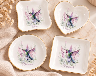 Hummmingbird Personalized Jewelry Dish, Custom Women's Trinket Tray, Sister Birthday Present, Gift For Mom With Name, Bridal Party Gift