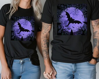 Halloween Bat Shirt, Couple Halloween Shirt, Halloween Moon Shirt, Creepy Halloween Shirt, Mens Halloween Shirt, Plus Size Halloween T-shirt