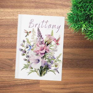 Personalized Journal Hummingbird Floral, Custom Birthday Gift for Writer, Hummingbird Lover Mothers Day Gift, Journal with Name, Floral Gift