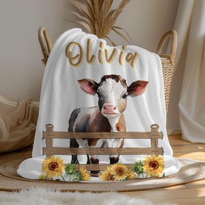 Cow Personalized Baby Blanket Sunflower Name Blanket Custom Baby Blanket New Baby Gift Floral Cow Baby Shower Gift for Cow Lover
