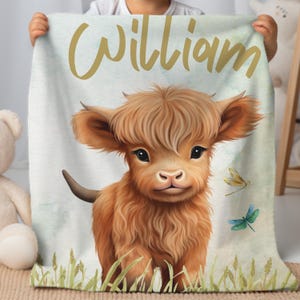 Personalized Highland Cow Blanket, Cow Name Baby Blanket, Baby Shower Gift Blanket, Highland Cow Nursery Blanket, Birthday Gift Blanket