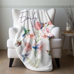 Hummingbird Velveteen Blanket, Personalized Hummingbird Lover Gift, Floral Plush Throw Blanket, Whimsical Watercolor Bird Lover Blanket Gift