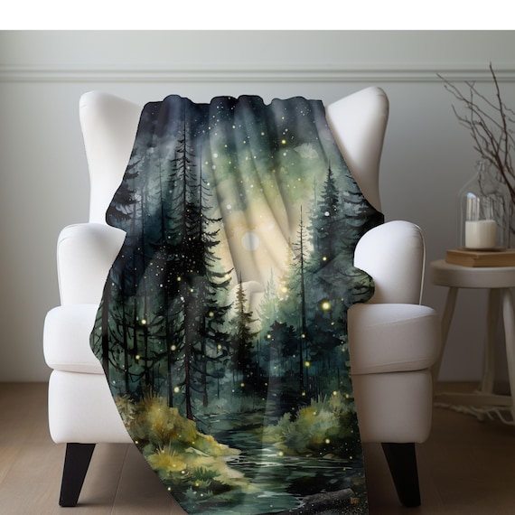 Personalized Enchanted Forest At Night Velveteen Blanket, Custom Magical Nightime Firefly Sherpa Blanket Gift, Forest Lover Throw Blanket