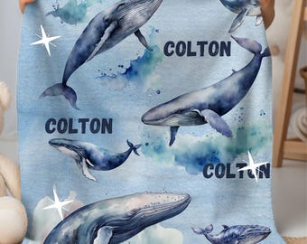 Whale Gift Blanket Personalized, Whale Nursery Decor, Orca Gift Blanket with Name, Kids Blanket Personalized With Name