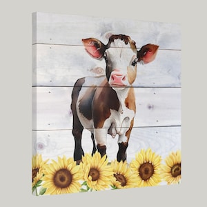 Farmhouse Cow Sunflower Canvas  Watercolor Print Calf Farmhouse Home Decor Cow Lover Gift Farm Animal Art Colorful Nursery Baby Cow Painting