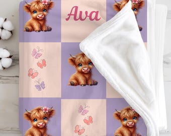 Personalized Baby Girl Blanket, Baby Girl Name Blanket, Custom Highland Cow Name Blanket, Newborn Baby Gift Blanket
