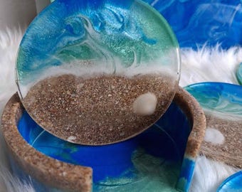 Set di sottobicchieri e taglieri in resina Palm Beach Ocean / Decorazione costiera fatta a mano