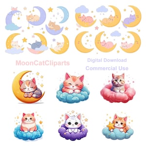Pastell Katze & Mond Clipart-Set | Niedliche schlafende Katze auf Mond | Digitale PNG-Dateien für die kommerzielle Nutzung