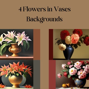 May include: Four different floral arrangements in vases with various backgrounds. The first arrangement features white lilies in a gold vase on a dark background. The second arrangement features red, white, and pink flowers in a blue vase on a light yellow background. The third arrangement features orange lilies in a gold vase on a dark background. The fourth arrangement features pink and white flowers in a blue and gold vase on a dark red background.