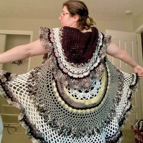 Hooded Lotus Mandala Duster - OOAK Unique Crochet Fantasy Piece (Cookies and Cream)