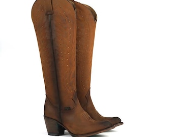318 Crazy Tan Leather Cowgirl Boots, Knee High Western Boots for Women, Studded Cowgirl Boots, Classic Western Boots, Country Style Footwear