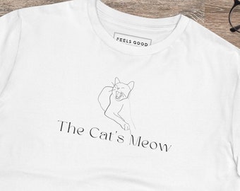 May include: White t-shirt with a line drawing of a cat and the text "The Cat's Meow".