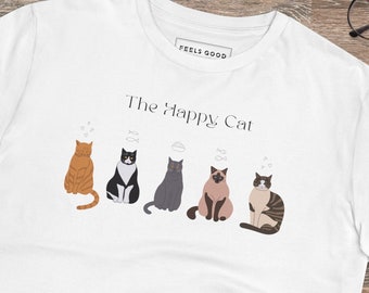 May include: White t-shirt with the text "The Happy Cat" and a row of five cartoon cats in different colours and patterns.