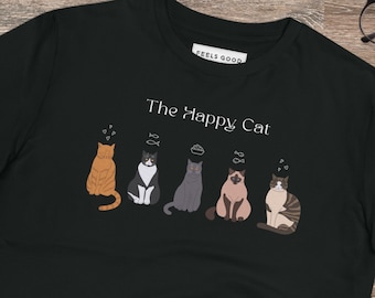May include: Black t-shirt with a white graphic of five cats sitting in a row. The text "The Happy Cat" is above the cats.