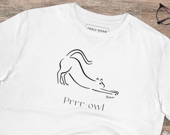 May include: White t-shirt with a black line drawing of a cat stretching with the text "Prrr-owl" and "Picasso" underneath the cat.