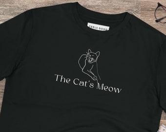 May include: Black t-shirt with a white outline of a cat and the text "The Cat's Meow".