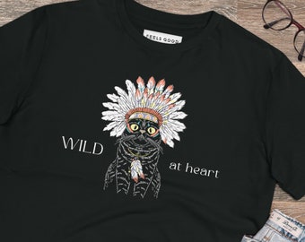 May include: Black t-shirt featuring a graphic of a cat wearing a headdress with feathers and the text "WILD at heart".