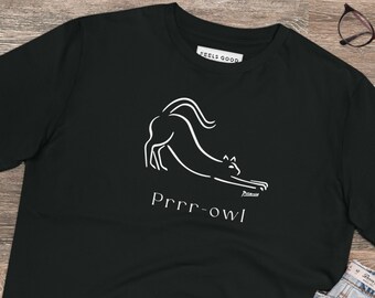 May include: Black t-shirt with a white outline of a cat stretching and the text "prrr-owl".