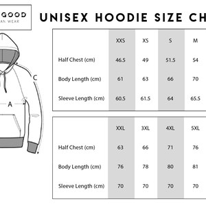 Op de afbeelding: Unisex hoodie maattabel met metingen in centimeters voor halve borst, lichaamslengte en mouwlengte. De maten vari&euml;ren van XXS tot 5XL.
