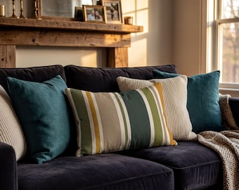 Boho Striped Lumbar Pillow | Green Beige Throw Pillow | Scandinavian Modern Cushion | Neutral Home Decor