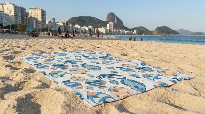 A colorful beach towel with fish patterns is spread out on a sandy beach, with a city skyline and mountains visible in the background.