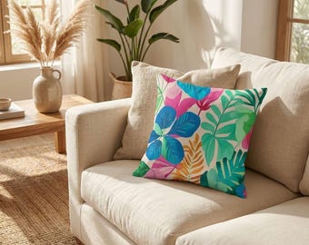 Leaf Pattern Pillow: Tropical Design for Living Room (Square, Washable)