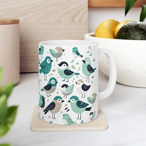 Birds Ceramic Mug - Bright Colorful Pattern, 11oz
