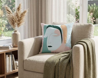 Abstract Gaze Pillow: Double-Sided Face Art, Neutral Accent