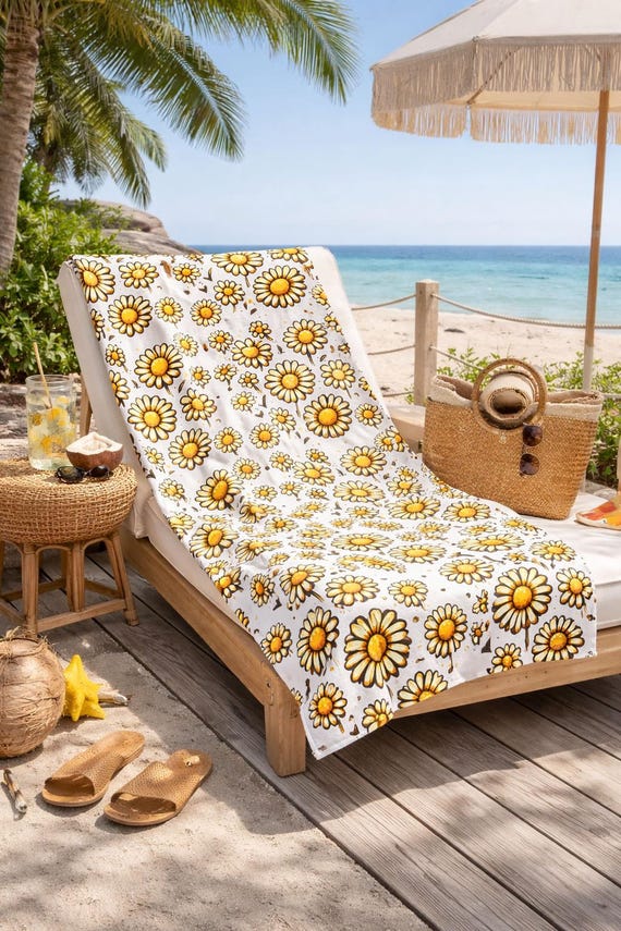 Daisy Beach Towel, Soft Cotton Backing (One-Sided Floral Print)