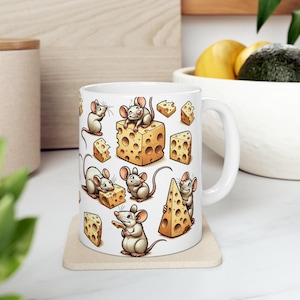 Mice and Cheese Ceramic Mug, Playful Animal Design (11oz)