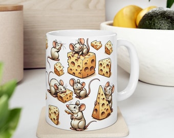 Mice and Cheese Ceramic Mug, Playful Animal Design (11oz)