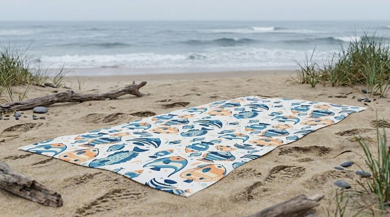 A colorful beach towel with a fish pattern lies on the sandy beach, with the ocean and waves visible in the background.