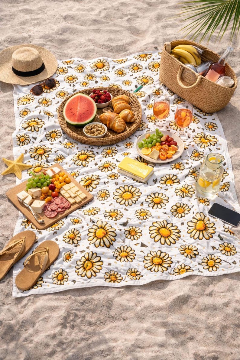 A picnic spread on a beach blanket, featuring a variety of food and drinks, including a basket of fresh fruit, bread, cheese, and crackers.