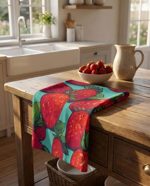 Strawberry Tea Towel: Reusable Kitchen Cloth (Single-Sided Print)