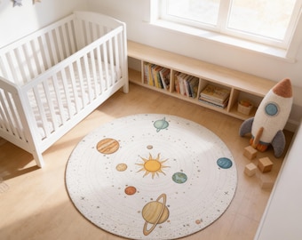 Solar System Round Rug - Watercolor Space Nursery Decor