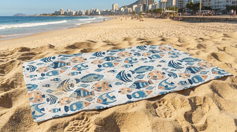 A colorful beach towel with a fish pattern is spread out on the sandy beach, with the ocean and a city skyline visible in the background.