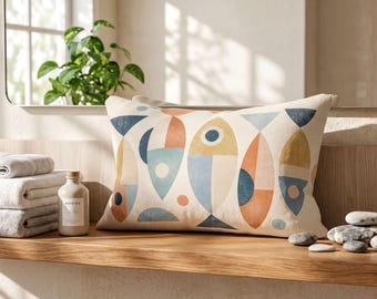 Coastal Lumbar Pillow, Abstract Fish Pattern, Sand Tone (Double-Sided)