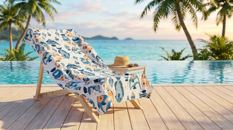 A wooden deck overlooking a pool, with a colorful towel and a hat on a small table, and palm trees in the background.