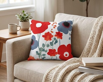 Floral Accent Pillow: Crimson Blooms Design (Eco-Friendly, Washable)